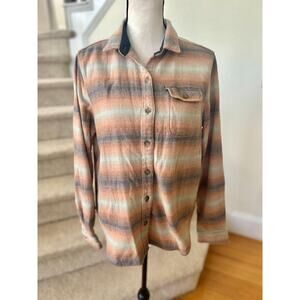 Woolrich Bering Wool Orange & Aqua Blue Stripe Button Down Shirt Jacket Shacket